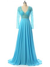 Sophisticated Long Sleeves Chiffon Brush Train Zipper Prom Evening Gown in Baby Blue with Beading