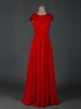  Red Zipper Evening Dress Beading Cap Sleeves Floor Length