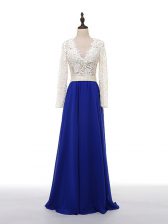 Trendy V-neck Long Sleeves Prom Dresses Floor Length Lace and Appliques Blue And White Chiffon