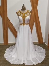 Customized White Chiffon Backless Prom Party Dress Sleeveless Brush Train Beading