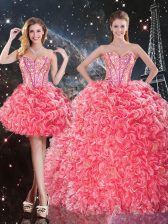  Coral Red Lace Up Sweetheart Beading and Ruffles Vestidos de Quinceanera Organza Sleeveless