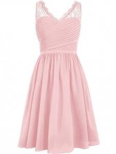  Lace and Ruching Damas Dress Pink Side Zipper Sleeveless Knee Length