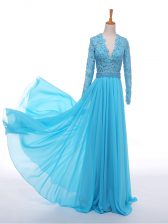 Custom Design Chiffon V-neck Long Sleeves Zipper Lace and Appliques Prom Evening Gown in Baby Blue