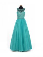 Stunning Tulle Scoop Sleeveless Lace Up Beading Little Girls Pageant Dress in Teal 