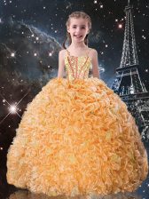 Fancy Floor Length Lace Up Party Dress Gold for Quinceanera and Wedding Party with Beading and Ruffles