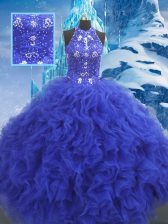 Traditional Blue Lace Up Scoop Beading and Ruffles Sweet 16 Quinceanera Dress Organza Sleeveless
