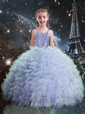 Fashion Sleeveless Organza Floor Length Lace Up Kids Formal Wear in Light Blue with Beading and Ruffles