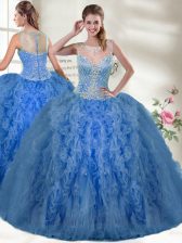  Floor Length Blue Quinceanera Gowns Organza Sleeveless Beading and Ruffles