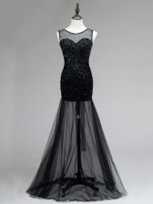 High Quality Black Tulle Backless Scoop Sleeveless Floor Length Homecoming Dress Beading