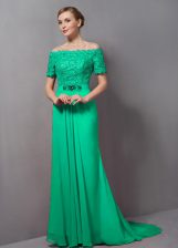 Excellent Zipper Prom Dresses Green for Prom and Party with Lace Sweep Train