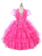  Hot Pink Lace Up Halter Top Beading and Ruffled Layers Little Girl Pageant Dress Organza Sleeveless