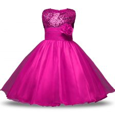  Knee Length Zipper Toddler Flower Girl Dress Fuchsia for Military Ball and Sweet 16 and Quinceanera with Bowknot and Belt and Hand Made Flower