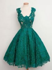  Straps Sleeveless Lace Up Quinceanera Dama Dress Dark Green Lace
