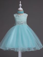  Sleeveless Zipper Knee Length Beading and Lace Little Girls Pageant Gowns