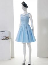 Suitable Scoop Sleeveless Dama Dress for Quinceanera Mini Length Lace Baby Blue Tulle