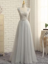 On Sale Grey Sleeveless Floor Length Lace Zipper Quinceanera Court of Honor Dress