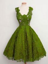 Noble Sleeveless Lace Knee Length Lace Up Court Dresses for Sweet 16 in Olive Green with Lace
