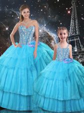 Exceptional Aqua Blue Lace Up Sweetheart Ruffled Layers and Sequins Quinceanera Dress Organza and Tulle Sleeveless