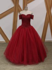 Captivating Off The Shoulder Sleeveless Lace Up Prom Dresses Wine Red Tulle