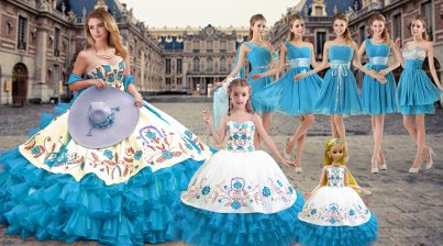 Popular Baby Blue Ball Gowns Organza Sweetheart Sleeveless Embroidery and Ruffled Layers Floor Length Lace Up Vestidos de Quinceanera