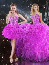 Simple Beading and Ruffles Quince Ball Gowns Fuchsia Lace Up Sleeveless Floor Length