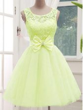 Cute Yellow Green A-line Lace and Bowknot Quinceanera Dama Dress Lace Up Tulle Sleeveless Knee Length