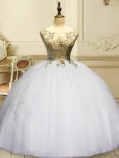 Comfortable Scoop Sleeveless Organza 15 Quinceanera Dress Appliques and Ruffles Lace Up
