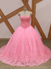 Fitting Rose Pink Lace Up Quinceanera Dresses Beading and Lace Sleeveless Brush Train