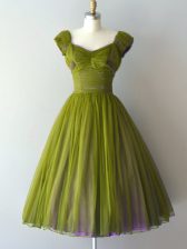  V-neck Cap Sleeves Court Dresses for Sweet 16 Knee Length Ruching Olive Green Chiffon
