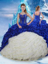  Lace Up 15th Birthday Dress Blue And White for Military Ball and Sweet 16 and Quinceanera with Ruffled Layers and Pick Ups Brush Train