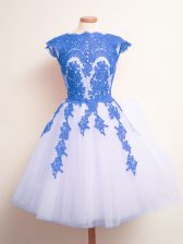 Ideal Scalloped Sleeveless Quinceanera Court of Honor Dress Knee Length Appliques Blue And White Tulle