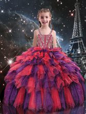 Coral Red Straps Lace Up Beading and Ruffles Girls Pageant Dresses Sleeveless