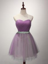 Fashion Lilac Lace Up Court Dresses for Sweet 16 Ruching Sleeveless Mini Length
