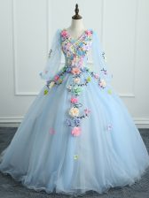 Artistic Tulle V-neck Long Sleeves Lace Up Appliques and Hand Made Flower Quinceanera Gowns in Light Blue