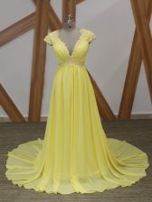 Yellow Empire Chiffon V-neck Short Sleeves Lace and Appliques Zipper Prom Dresses Brush Train