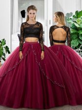  Floor Length Fuchsia Quinceanera Gown Scoop Long Sleeves Backless