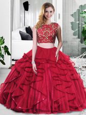  Wine Red Two Pieces Lace and Ruffles Ball Gown Prom Dress Zipper Tulle Sleeveless Floor Length