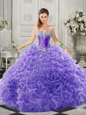  Lavender Lace Up Sweetheart Beading and Ruffles Vestidos de Quinceanera Organza Sleeveless Court Train