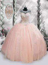 Delicate Pink Sleeveless Beading and Sequins Floor Length Quinceanera Gowns