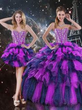  Multi-color Organza Lace Up Quinceanera Dress Sleeveless Floor Length Beading and Ruffles and Ruffled Layers