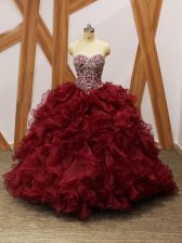  Lace Up Quince Ball Gowns Burgundy for Military Ball and Sweet 16 and Quinceanera with Beading and Ruffles Brush Train