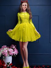 Fitting Yellow Lace Up Quinceanera Court of Honor Dress Beading and Lace and Appliques 3 4 Length Sleeve Mini Length