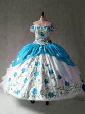  Off The Shoulder Cap Sleeves Lace Up Quinceanera Dresses Blue And White Organza and Taffeta