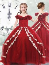  Wine Red Sleeveless Tulle Brush Train Lace Up Kids Formal Wear for Quinceanera and Wedding Party