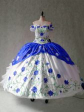 Glittering Blue And White Cap Sleeves Floor Length Embroidery and Ruffles Lace Up Quinceanera Gowns