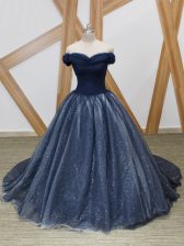  Navy Blue Ball Gowns Off The Shoulder Sleeveless Tulle Brush Train Lace Up Ruching Prom Dress
