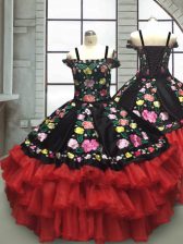 Trendy Organza Off The Shoulder Sleeveless Lace Up Embroidery and Ruffled Layers Child Pageant Dress in Red And Black 