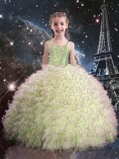  Beading and Ruffles Kids Pageant Dress Olive Green Lace Up Sleeveless Floor Length