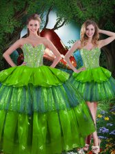 Spectacular Olive Green Lace Up Sweetheart Beading and Ruffled Layers Quinceanera Dress Organza Sleeveless