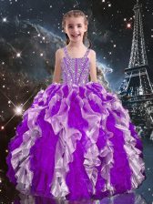  Sleeveless Organza Floor Length Lace Up Teens Party Dress in Eggplant Purple with Beading and Ruffles